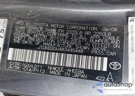 2008 Toyota Prius Base (Cvt-E) z USA, uszkodzony, nr VIN JTDKB20U483445448